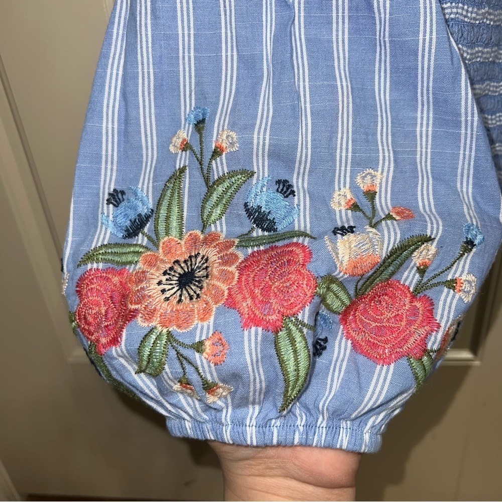 Xhilaration Striped Embroidered Smocked Square Neck Puff Sleeve Crop Top Shirt - Picture 7 of 11